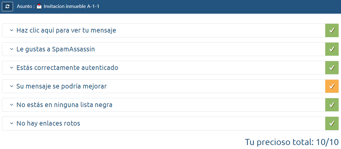 Resultado perfecto en la evaluación de MailTester